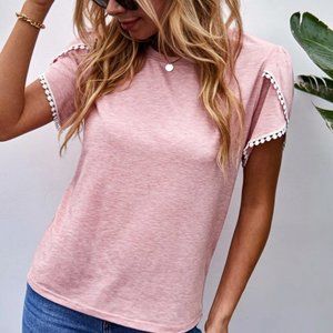Petal Ruffle Frill Short Sleeve Lace Trim Tee PINK
